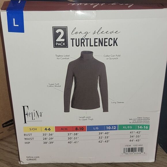 Felina 2-Pack Women Turtlenecks Super Soft Modal Cotton • Black & White • Size L - Picture 10 of 11